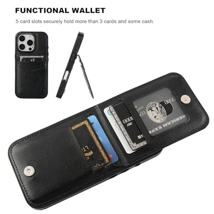 KIHUWEY for iPhone 16 Pro Wallet Case Card Holder Kickstand, Black | Credit Card Slots, PU Leather, Magnetic Clasp, Flip Heavy Duty Protection Cover for Men and Women - color: Black