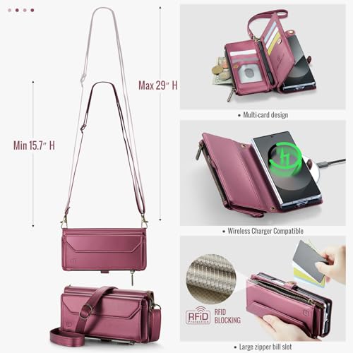 Strapurs Crossbody Wallet Case Compatible with Samsung Galaxy Z Fold 6 with RFID Blocking Card Holder & Pen Holder Slot Soft PU Leather Shoulder Strap Zipper Pocket Purse Fold 6 Phone Case, Wine Red | RFID Blocking 5-Card Holder, Shoulder Lanyard, Wirst S