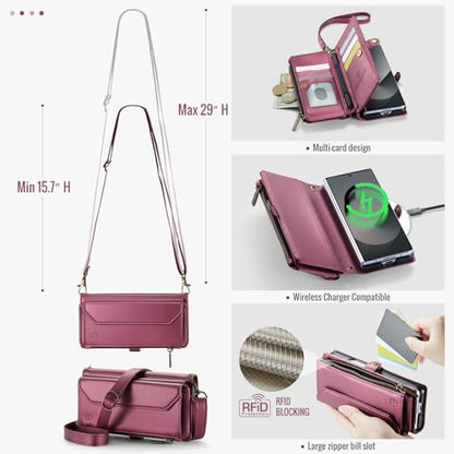 Strapurs Crossbody Wallet Case Compatible with Samsung Galaxy Z Fold 6 with RFID Blocking Card Holder & Pen Holder Slot Soft PU Leather Shoulder Strap Zipper Pocket Purse Fold 6 Phone Case, Wine Red | RFID Blocking 5-Card Holder, Shoulder Lanyard, Wirst S