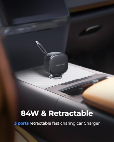 Retractable Car Charger USB C, 84W Max, Ultra-Compact, Type-C Fast Charger with Built-in Retractable USB-C Cable, Car Adapter for iPhone 16/15 Series, MacBook Pro/Air, iPad, AirPods Black
