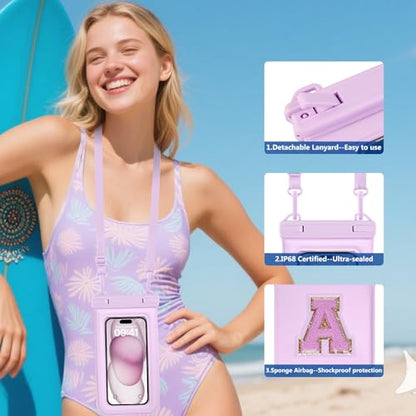 Waterproof Phone Pouch Floating, IPX68 Waterproof Phone Case for Beach Kayak Cruise Essentials, Dry Bag for iPhone 17 16 15 Pro Max Samsung S26 S25 S24, Up to 7", Purple Letter - color: Purple Letter