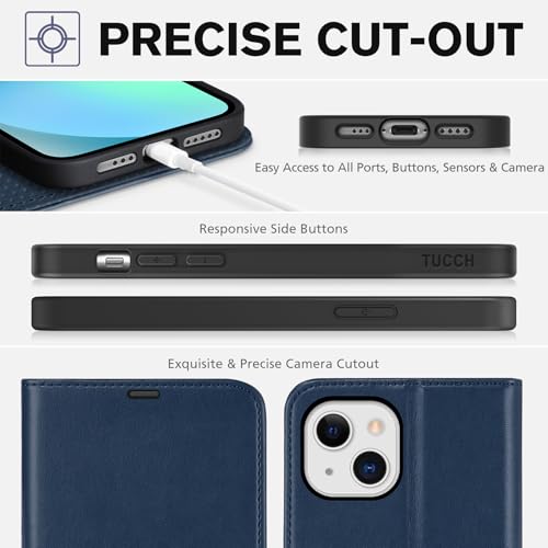 TUCCH Wallet Case for iPhone 13 (6.1") 2021, 3 Card Slots, Dark Blue | RFID Blocking, Viewing Stand, Shockproof TPU Shell, PU Leather, Magnetic Closure, Protective Folio Flip Cover - color: Blue (Dark Blue)