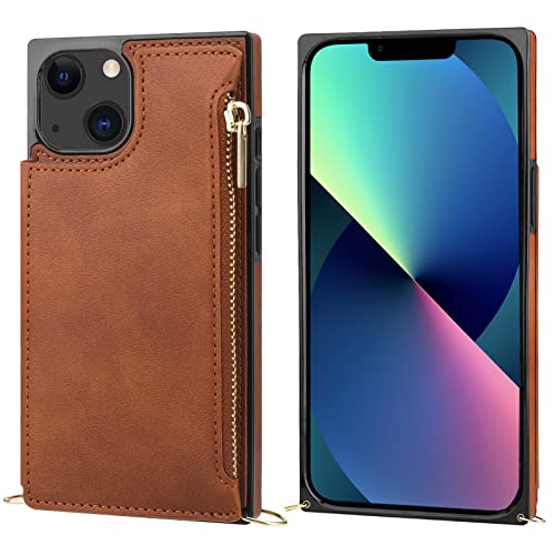 Bocasal Crossbody Wallet Case with Strap for iPhone 13/14, Brown | RFID Blocking Card Slot Holder, Magnetic Flip Folio Purse Case, PU Leather Zipper Handbag Detachable Lanyard Strap 6.1 Inch - color: Brown