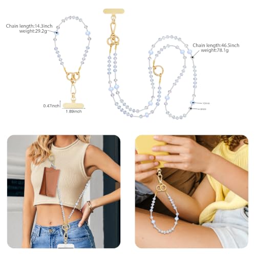Crystal Phone Strap Crossbody and Wrist Lanyard, Anti Theft Layered & Wrist Strap Cell Phone Neck for Women - color: Blue Beaded