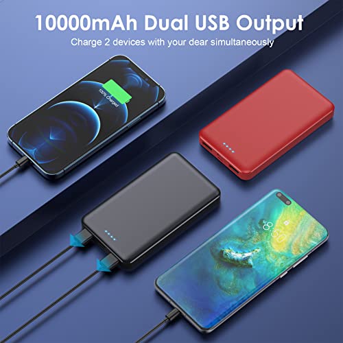 [2 Pack] Portable Charger Power Bank 10000mAh,Ultra Slim Compact External Battery Pack with USB C Input & Dual USB Outputs Backup Charger Compatible with iPhone 13,12, Samsung S20,Tablet-Black+Red - color: Black+Red