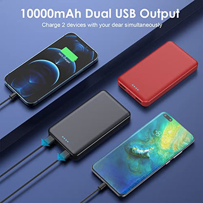 [2 Pack] Portable Charger Power Bank 10000mAh,Ultra Slim Compact External Battery Pack with USB C Input & Dual USB Outputs Backup Charger Compatible with iPhone 13,12, Samsung S20,Tablet-Black+Red - color: Black+Red