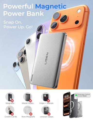 LISEN 0.3'' Ultra Slim [Qi2 15W] for MagSafe Battery Pack Power Bank, QI2 Certified 5000mAh Wireless Portable Charger,Travel Magnetic Power Bank for iPhone 17 Pro Max Plus Air 16 15 14 13 12 - color: Ice Grey