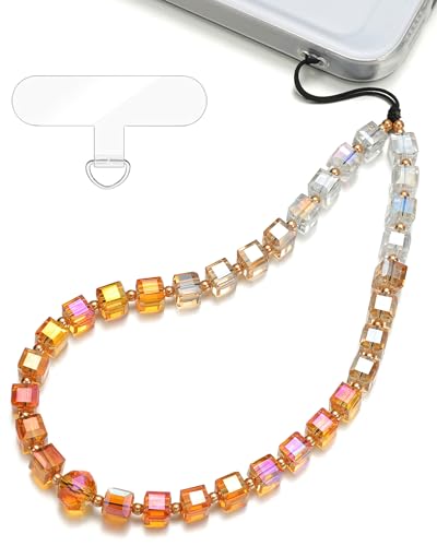 Crystal & Pearl Phone Charm Wrist Strap, Beaded Lanyard Wristlet Chain, Hands-Free Bracelet Strap for Phone Cases - color: Cube-amber