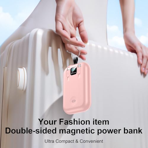 Magnetic Portable Charger 10000mAh Wireless Power Bank with Built-in Cables - color: pink