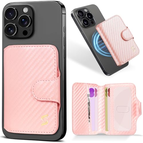 Magnetic Stick on Phone Wallet Card Holder for Magsafe Phones and Cases, 5 Slots Fit 7 Cards, ID Window, RFID Blocking, Luxury Slim Flip Leather Mag Safe Wallet for iPhone for Women, Rose Gold - color: Carbon Fiber Rose Gold