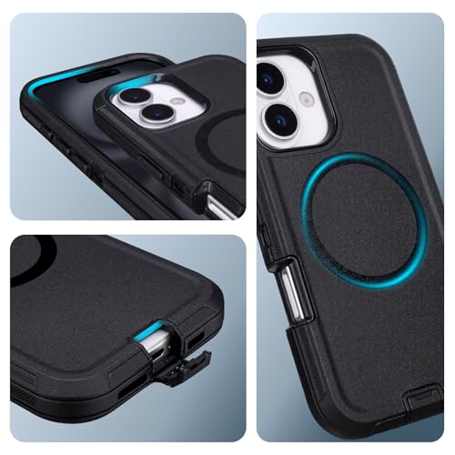 Phone Case for iPhone 16 Case with Belt Clip, Compatible with MagSafe | Defender for iPhone 16 Case with Kickstand, 3-Layer Heavy Duty Military Grade Drop Protection Cover for iPhone 16, Black - color: Black