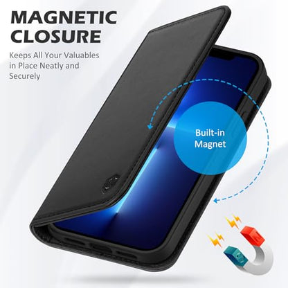 SHIELDON Genuine Leather Folio Wallet Case for iPhone 13 6.1" 2021, Black | Magnetic Closure, RFID Blocking, Credit Card Holder, Kickstand, Book Design, Shockproof Phone Cover - color: Black