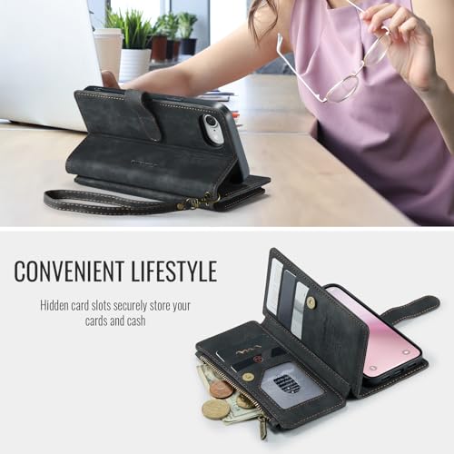 Compatible with iPhone 16e/17e Wallet Case,with Card Holder Kickstand Magnetic Zipper Pocket Lanyard Strap Wristlet,Leather Flip Case Wallet for iPhone 16e/17e 6.1 Inch(Black) - color: Black, size: iPhone 16E/17E 6.1 Inch