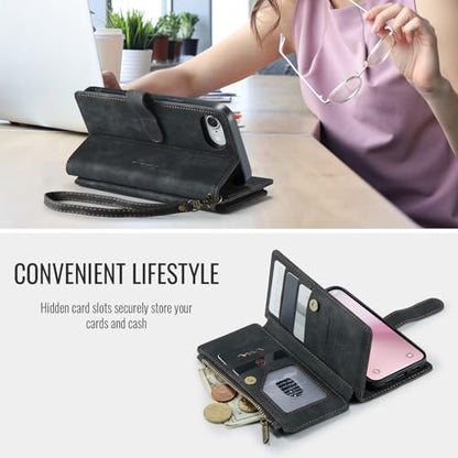 Compatible with iPhone 16e/17e Wallet Case,with Card Holder Kickstand Magnetic Zipper Pocket Lanyard Strap Wristlet,Leather Flip Case Wallet for iPhone 16e/17e 6.1 Inch(Black) - color: Black, size: iPhone 16E/17E 6.1 Inch