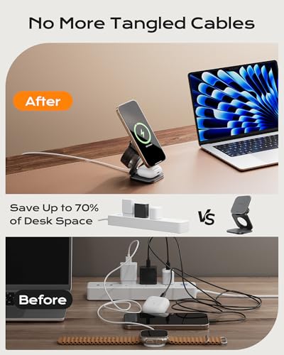 KU XIU Qi2.2 25W Magnetic Wireless Charger, Foldable 3 in 1 Travel Charging Station for iPhone 17/16/15/14/13/12, 5W for Apple Watch & AirPods, Aluminum Alloy Design, 45W GaN Adapter Included, Gray - color: Gray