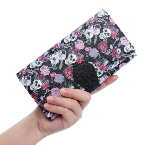 GOIACII Women's Wallet RFID Blocking Large Capacity Card Holder Ladies Phone Clutch Travel Long Purse Skull Goth - color: Z01 Skull Goth Black