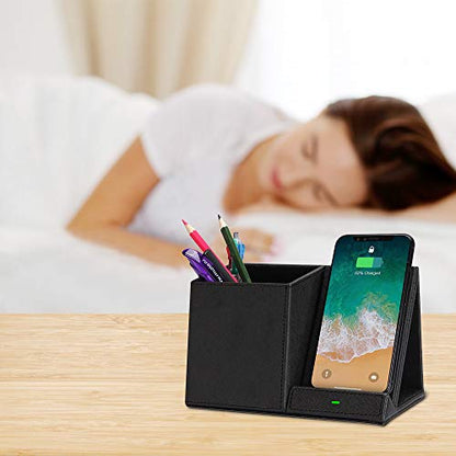 COSOOS Fast Wireless Charger with Desk Organizer, Desk Phone Charger Compatible with 15/15 Pro/15 Pro Max/14/13/12/11/XS/8 Plus, Galaxy S21/S20+/S10/Note 10/Note 9/(No AC Adapter) - color: Black