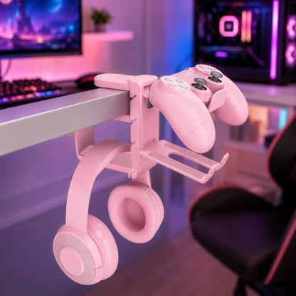 Rotating Headphone Stand with 360° Swivel - Adjustable Clamp-on Under Desk Headset Holder, Universal Gaming & Office Headphone Hanger - color: Pink