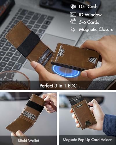 iwantit 3 in 1 MagSafe Wallet Men: Slim Bifold Money Clip + Smart Pop up Card Holder - Cash Strap, Men’s Minimalist Magnetic Wallet, ID Window, Premium Leather (Vegetable-tanned Khaki) - color: Vegetable-tanned Khaki