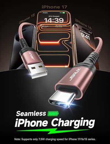 JSAUX USB to USB C Cable, USB C Cable for iPhone 17, 3-Pack (10+6.6+3.3FT) - color: Rose Gold, size: 3.3ft+6.6ft+10ft