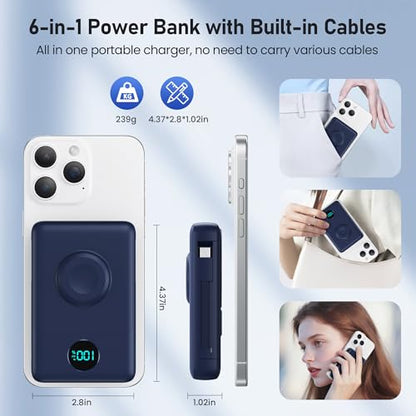 Ekrist Magnetic Portable Charger 10800mAh for MagSafe with Built-in Cable,iWatch Charger,Wireless Power Bank Travel Essentials,25W Fast Charging Battery Pack for iPhone 17/16/15/14,Apple Watch(Navy) - color: Navy