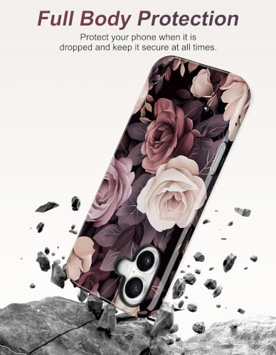 Jusy Magnetic Floral Phone Case for iPhone 15 Pro,Black Rose | Compatible with MagSafe, Cute Aesthetic Striped Design, TPU and PC Protective Shockproof Cover - color: Black Rose
