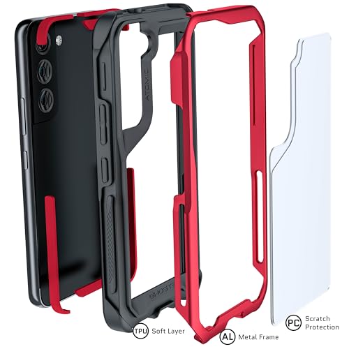 Ghostek ATOMIC slim Samsung S22 Case with Clear Back and Strong Aluminum Metal Bumper Heavy Duty Protection Lightweight Military Grade Shockproof Cover Designed for 2022 Galaxy S22 5G (6.1 Inch) (Red) - color: Red, size: Galaxy S22