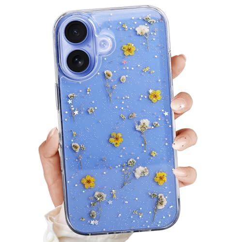 for iPhone 16 Plus Clear Case,Aesthetic Floral Phone Case with Pressed Real Flowers Design,Glitter Cute Floral Pattern Women's Phone Case Slim Soft TPU Protective Girl's Phone Cover for iPhone 16 Plus - color: White Yellow 2, size: iPhone 16 Plus