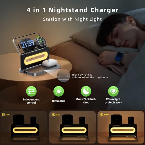 3 in 1 Wireless Charging Station for Apple MagSafe Charger,Magnetic Wireless Charger Stand for iPhone 16 15 14 13 12,Foldable Nightstand Charging Dock for Apple Devices iWatch,AirPods with Night Light - color: Black