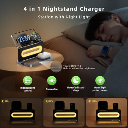 3 in 1 Wireless Charging Station for Apple MagSafe Charger,Magnetic Wireless Charger Stand for iPhone 16 15 14 13 12,Foldable Nightstand Charging Dock for Apple Devices iWatch,AirPods with Night Light - color: Black
