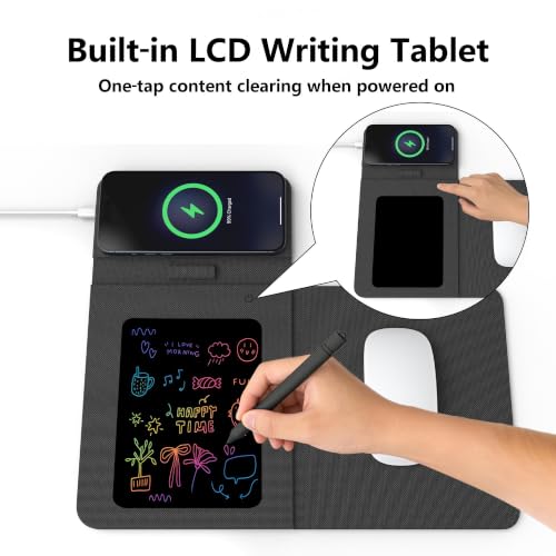 Foldable Travel Mouse Pad with 15W Qi Wireless Charger & Writing Tablet - color: Black