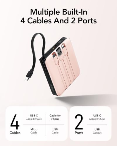 VRURC Portable Charger for iPhone Built-in Cables, Fast Charging Power Bank - color: Pink