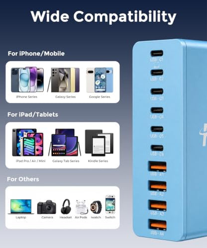 USB C Charging Station 10 Port with 4 Cables,245W GaN Charger Block - color: Blue