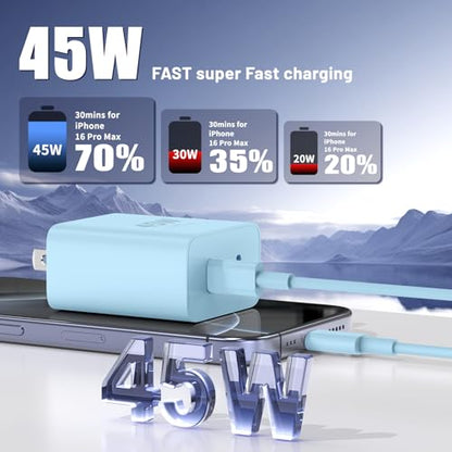 QZIIW iPhone 17 16 15 Pro Max Fast Charger,45W Dual Port USB C Fast Charger - color: Blue, size: 3FT+6FT+10FT+10FT