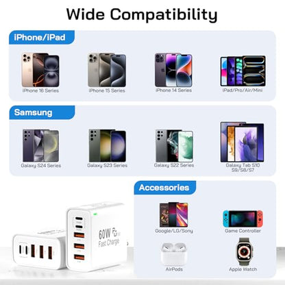 2Pack USB C Fast Charger Block, Total 60W 5-Port USB C Wall Charger 30W - color: White
