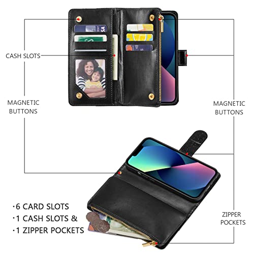 UEEBAI Wallet Case for iPhone 13 - PU Leather Magnetic Closure Handbag With Zipper Pocket, Kickstand, Card Slots and Hand Strap - Bling Black Flip Case for Women - color: Bling Black