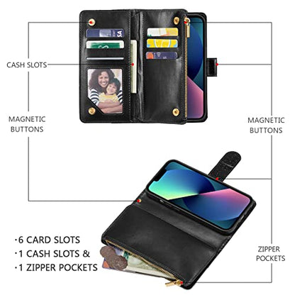 UEEBAI Wallet Case for iPhone 13 - PU Leather Magnetic Closure Handbag With Zipper Pocket, Kickstand, Card Slots and Hand Strap - Bling Black Flip Case for Women - color: Bling Black