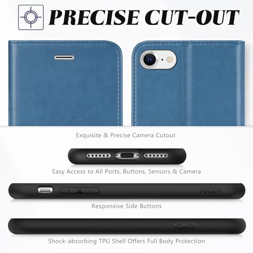 TUCCH Wallet Case for iPhone SE 2022/ iPhone 7/8/iPhone SE 2020, Lake Blue | 3 Card Holders, Kickstand, PU Leather, Shockproof TPU Shell, Magnetic Closure, Protective Folio Cover - color: Lake Blue