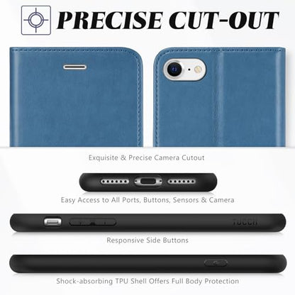 TUCCH Wallet Case for iPhone SE 2022/ iPhone 7/8/iPhone SE 2020, Lake Blue | 3 Card Holders, Kickstand, PU Leather, Shockproof TPU Shell, Magnetic Closure, Protective Folio Cover - color: Lake Blue