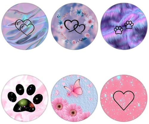 (6 Pack Cell Phone Grip,Phone Finger Foldable Holder Stand Compatible with iPhone - Purple Pink Heart Paw Print - color: Py011