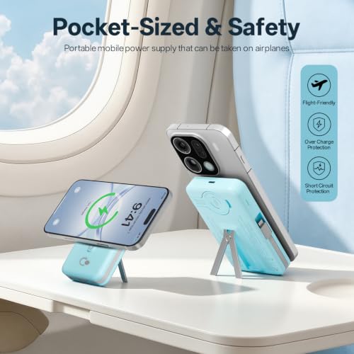 Q Magnetic Wireless Portable Charger 10,000mAh, Travel Essentials Power Bank with Built-in Cables & Foldable Stand, External Battery Pack Compatible with iPhone 17/16/15/14/13/12, Apple Watch - color: Blue