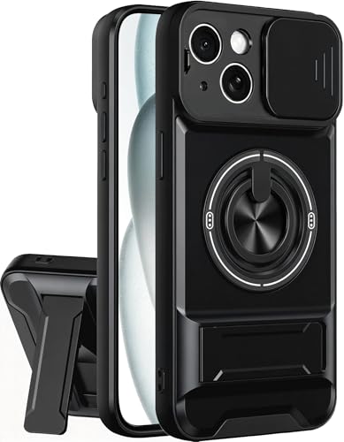 Dssairo for iPhone 15 case with 360°Rotation Magnetic Ring Compatible with MagSafe Slide Camera Cover Foldable Stand Military-Grade Shockproof Protective case (Black, iPhone 15) - color: Black, size: iPhone 15