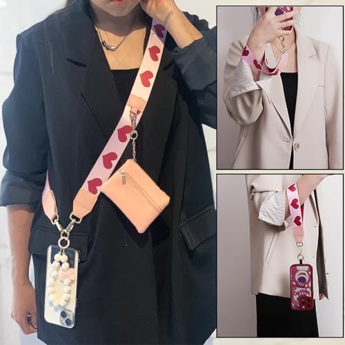 Phone Strap with Zippered Pouch, Clip and Go Strap for Phone with Wallet Crossbody, Adjustable Crossbody Phone Strap-1 - color: Pink Heart
