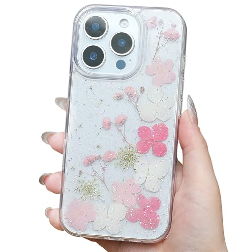 for iPhone 14 Pro Clear Case,Aesthetic Floral Phone Case with Pressed Real Flowers Design,Glitter Cute Floral Pattern Women's Phone Case Slim Soft TPU Protective Girl's Phone Cover for iPhone 14 Pro - color: White Pink, size: iPhone 14 Pro