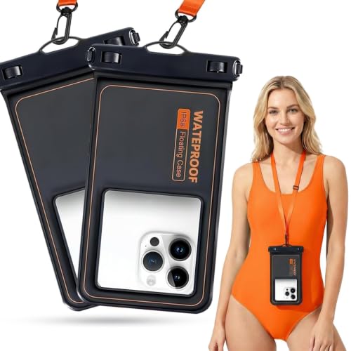 Floating Waterproof Dry Bag Black Orange Fits Phones Up to 7" | Adjustable Neck Cellphone Lanyard, Marine IP68 Certified, 2 Pack