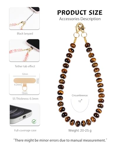 CH.yishi Beaded Phone Charm Wrist Strap with Tether Tab,Camera Lanyard - color: Tiger’s Eye