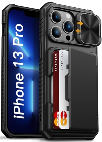 Vihibii for iPhone 13 Pro Case Wallet with Card Holder (4 Cards), Black | RFID Blocking, Slide Lens Camera Cover, Military Grade Drop Protection, Raised Edges Protect Screen, Ditch the bulky bag - color: Black, size: iPhone 13 Pro