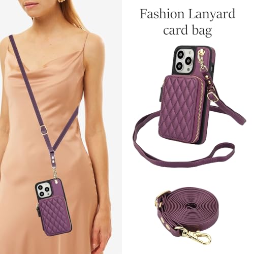 Phone Case for iPhone 14 Pro 6.1 inch Wallet Cell Cover with Tempered Glass Screen Protector Wrist Strap RFID Blocking Card Holder iPhone14Pro 5G i i-Phone i14 iPhone14 4 14Pro Women Girls Dark Purple - color: Dark Purple