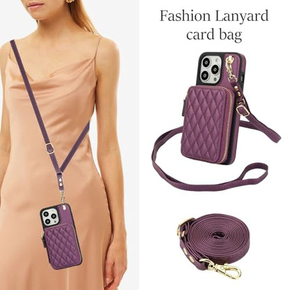 Phone Case for iPhone 14 Pro 6.1 inch Wallet Cell Cover with Tempered Glass Screen Protector Wrist Strap RFID Blocking Card Holder iPhone14Pro 5G i i-Phone i14 iPhone14 4 14Pro Women Girls Dark Purple - color: Dark Purple