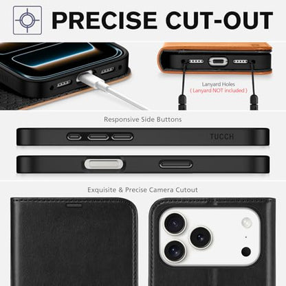 TUCCH Wallet Case for iPhone 17 Pro Max (6.9"), Flip Stand, Black & Brown | RFID Blocking, 4 Card Holders, Kickstand, PU Leather, Shockproof TPU Shell, Magnetic Closure, Protective Folio Cover - color: Two-tone Black & Brown